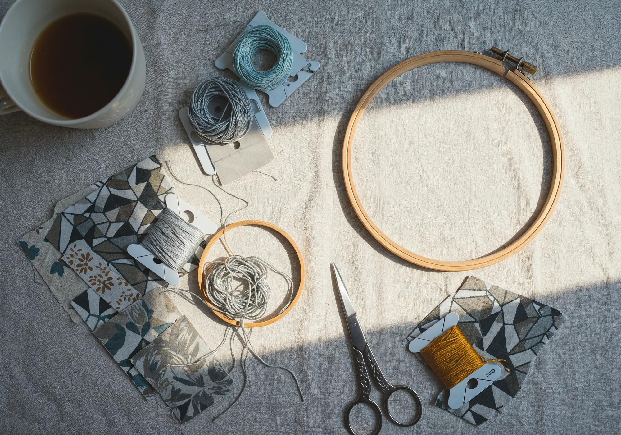 Workspace with embroidery hoop and threads on wooden table