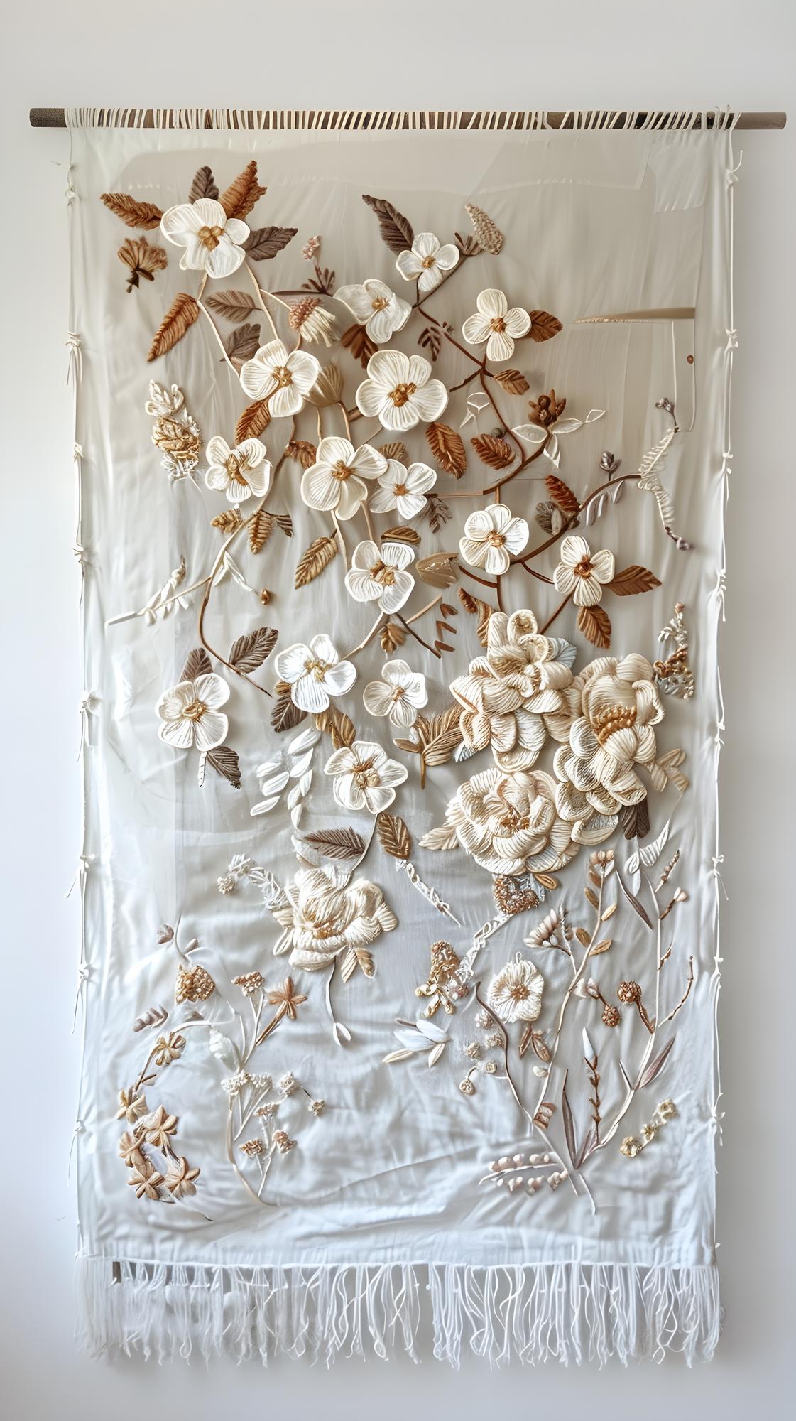 Large embroidered linen panel with floral composition